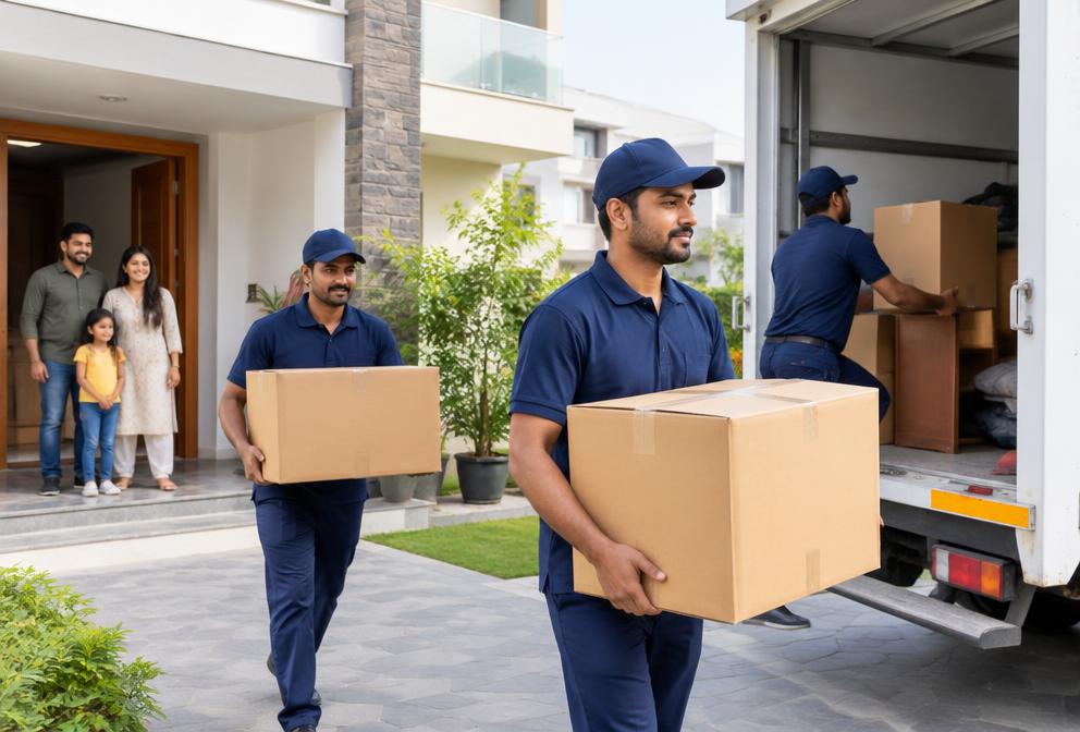 Professional movers loading household boxes into a moving truck