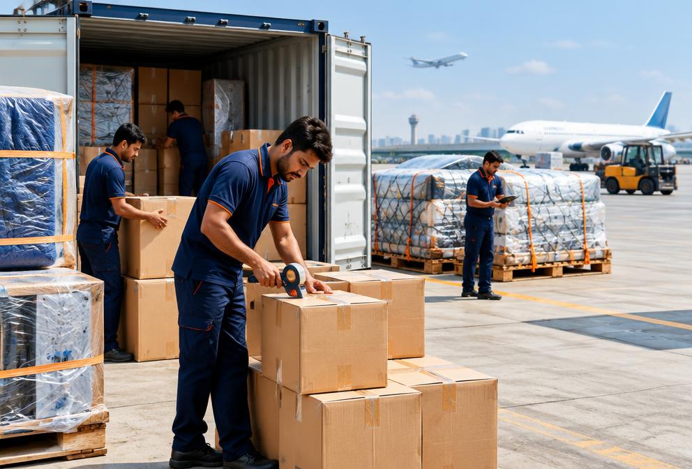 International moving team preparing packed goods for shipment