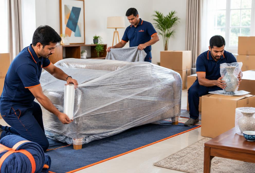 Professional movers wrapping furniture and fragile household items