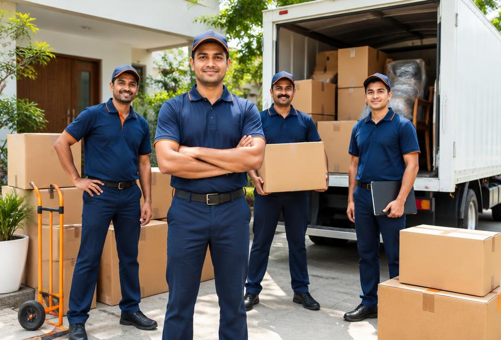 Professional moving team beside packed boxes and a moving truck