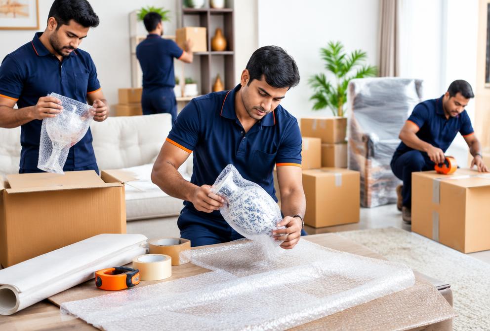 Movers packing fragile household goods with protective materials