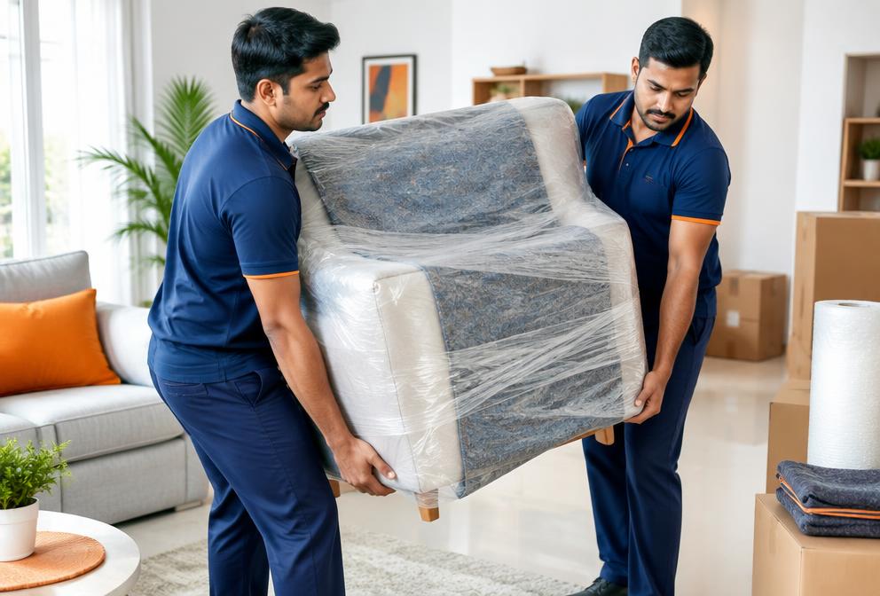 Movers carefully carrying protected furniture