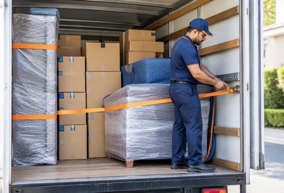 Mover securing packed furniture inside a moving truck