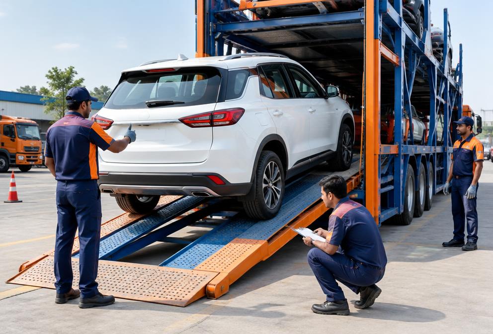 SUV being carefully loaded onto a vehicle carrier